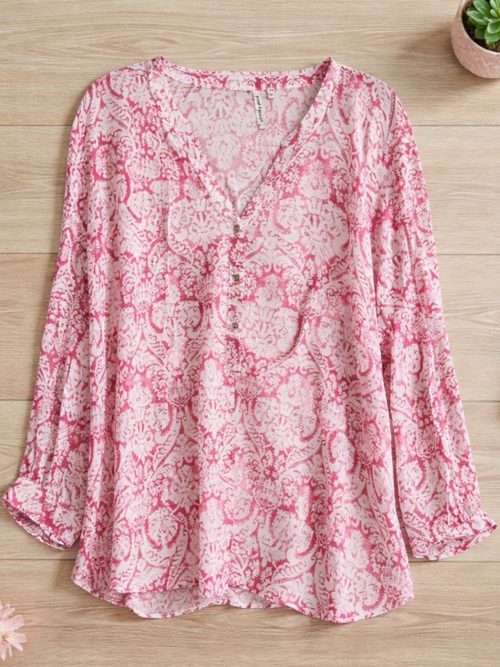 grand & greene Pink Patterned V-Neck Button-Front Blouse